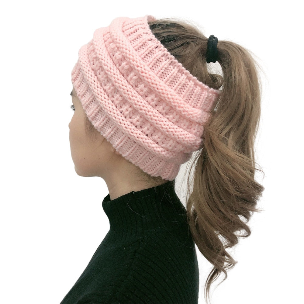 New Ponytail Beanie Women Stretch Knitted Crochet Beanies Winter Hats For Women Hats Cap Warm Lady Messy Bun Wholesale