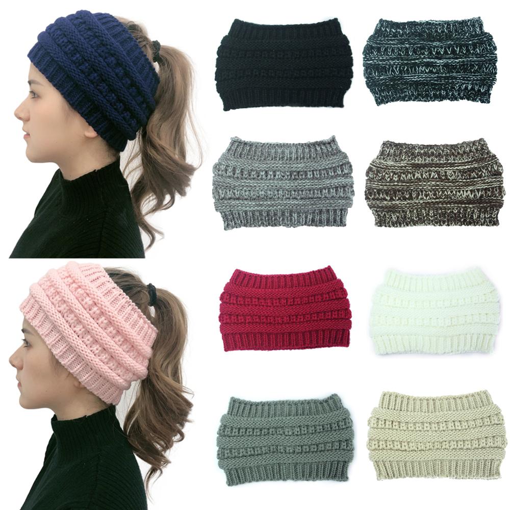 New Ponytail Beanie Women Stretch Knitted Crochet Beanies Winter Hats For Women Hats Cap Warm Lady Messy Bun Wholesale
