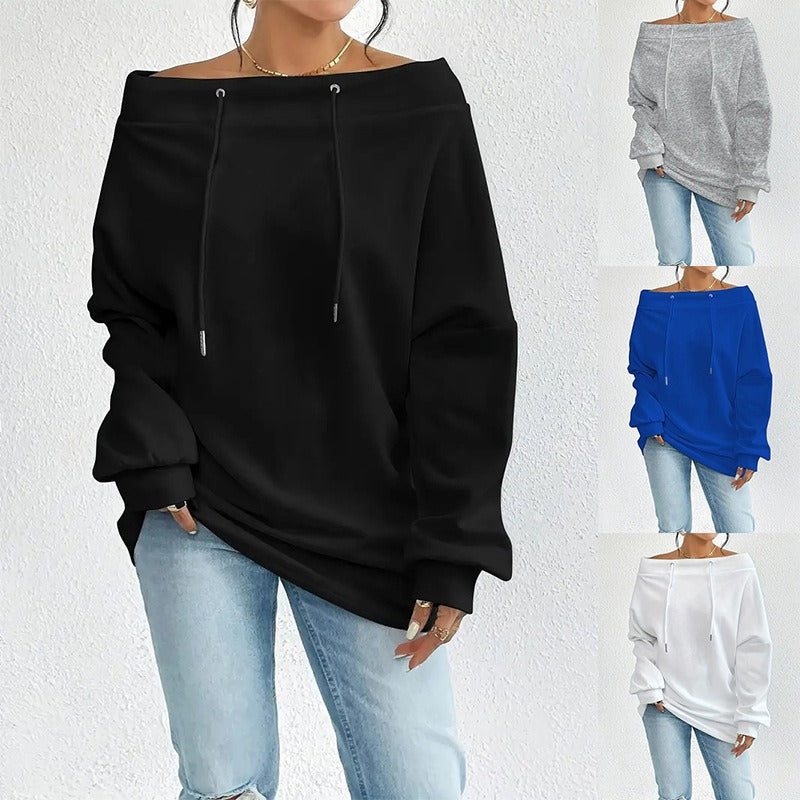 Women's Off-Shoulder Drawstring Loose Fit Hoodie, Sexy One-Shoulder Sweatshirt