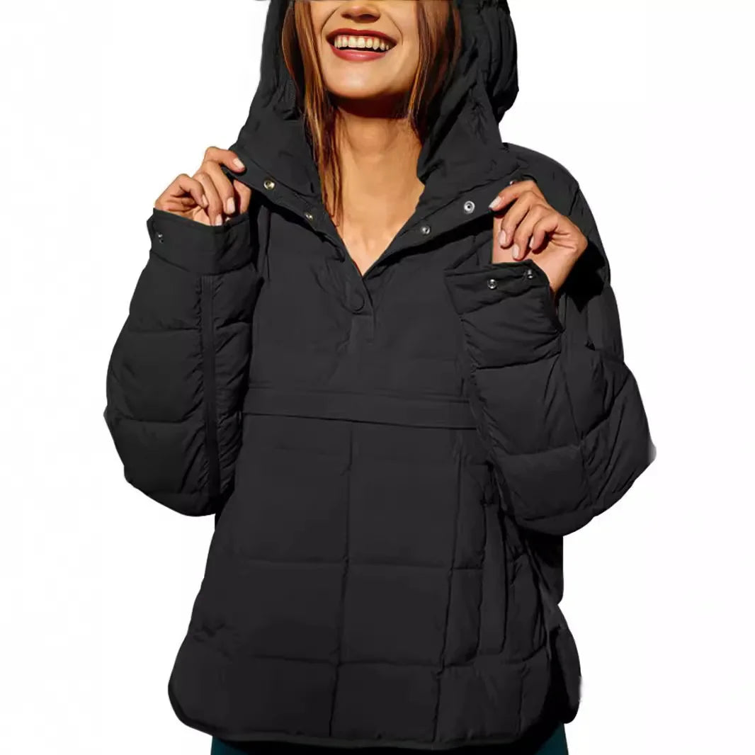 Winter New Casual Fashionable Solid Color Hooded Cotton-Padded Coat Long Sleeve Pullover Hooded Round Bottom Top Parkas