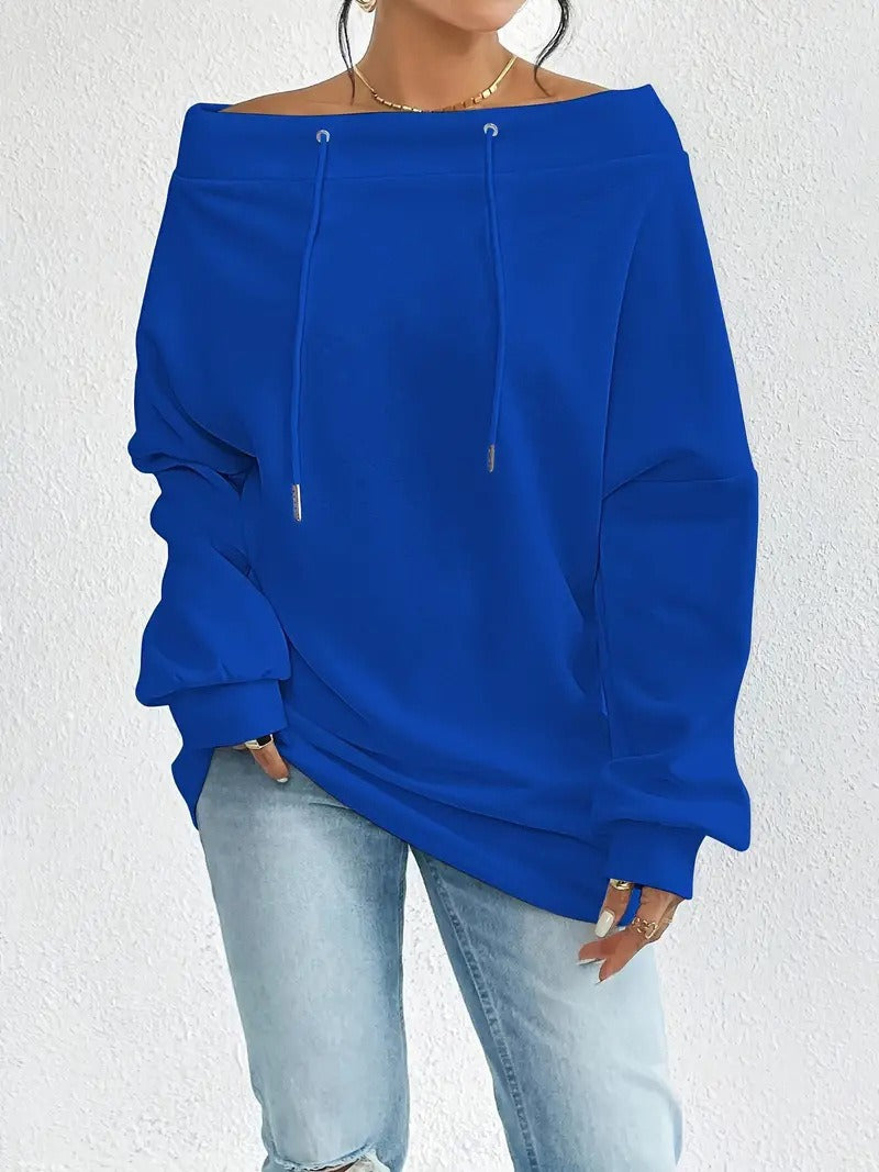 Women's Off-Shoulder Drawstring Loose Fit Hoodie, Sexy One-Shoulder Sweatshirt