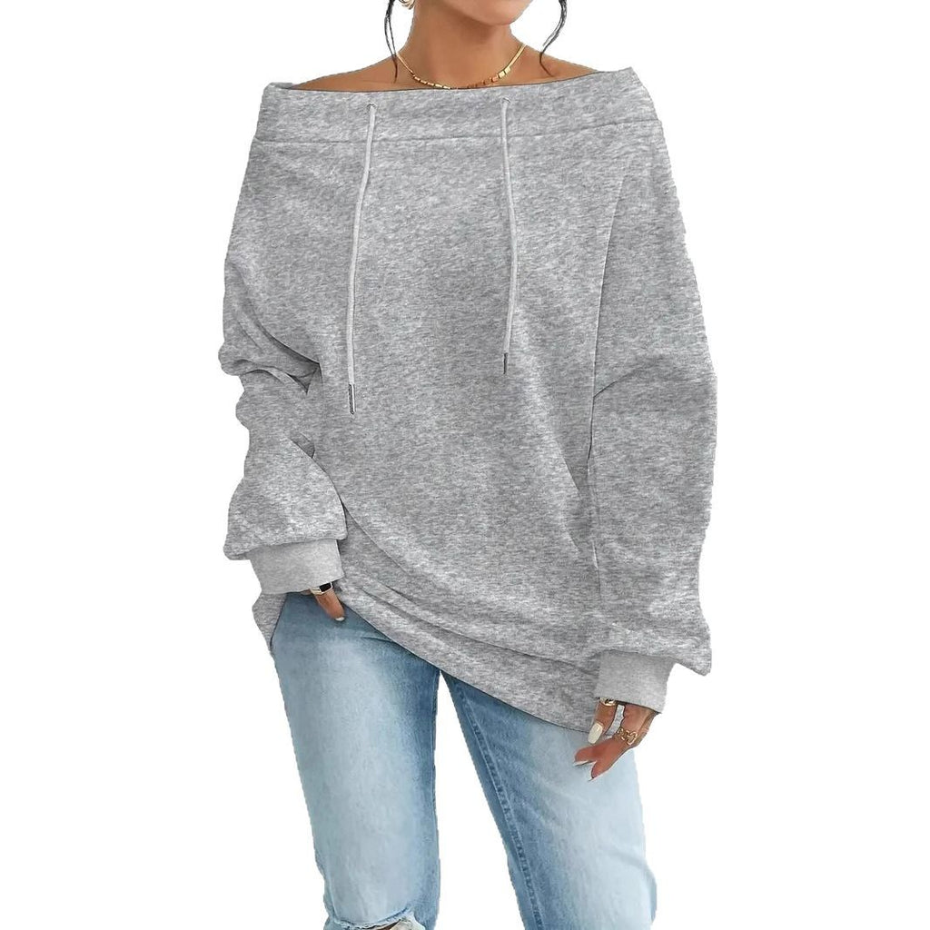Women's Off-Shoulder Drawstring Loose Fit Hoodie, Sexy One-Shoulder Sweatshirt