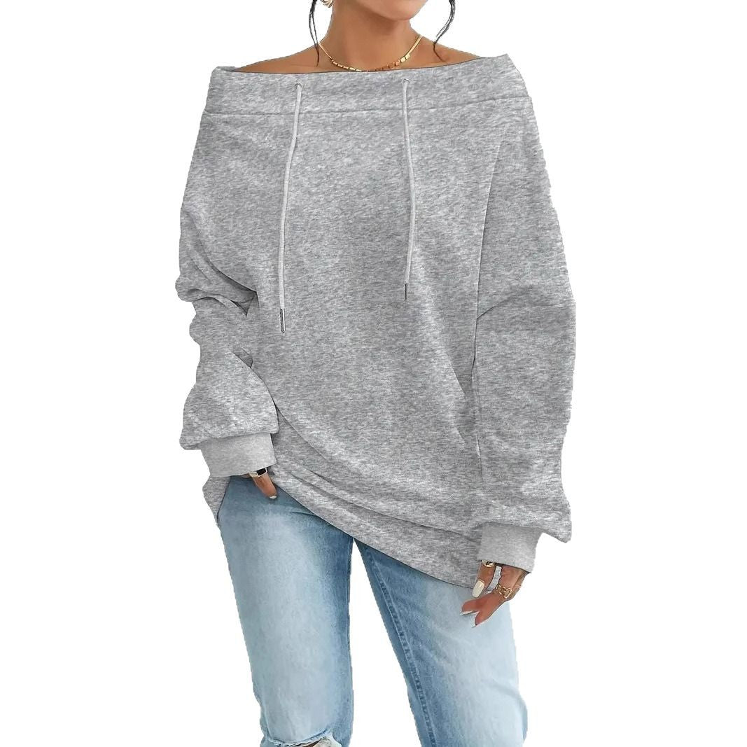 Women's Off-Shoulder Drawstring Loose Fit Hoodie, Sexy One-Shoulder Sweatshirt