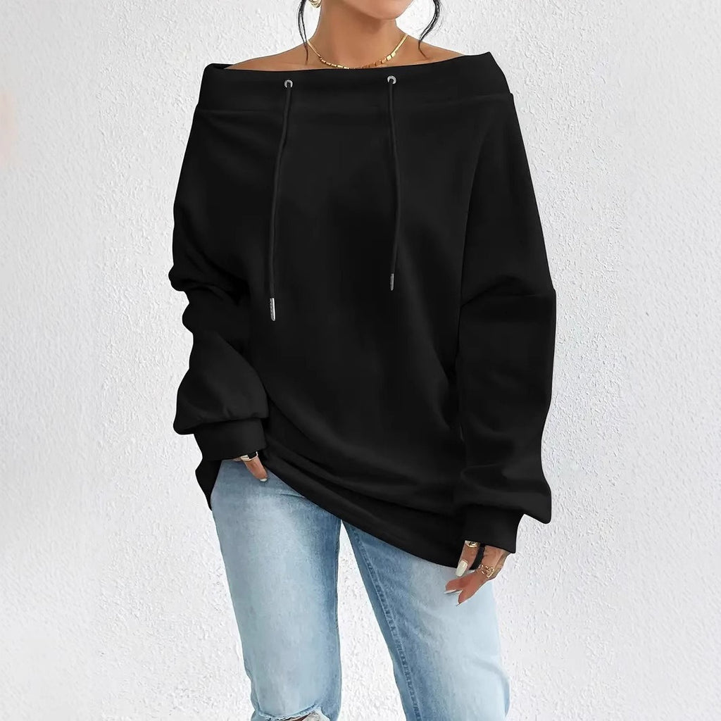 Women's Off-Shoulder Drawstring Loose Fit Hoodie, Sexy One-Shoulder Sweatshirt