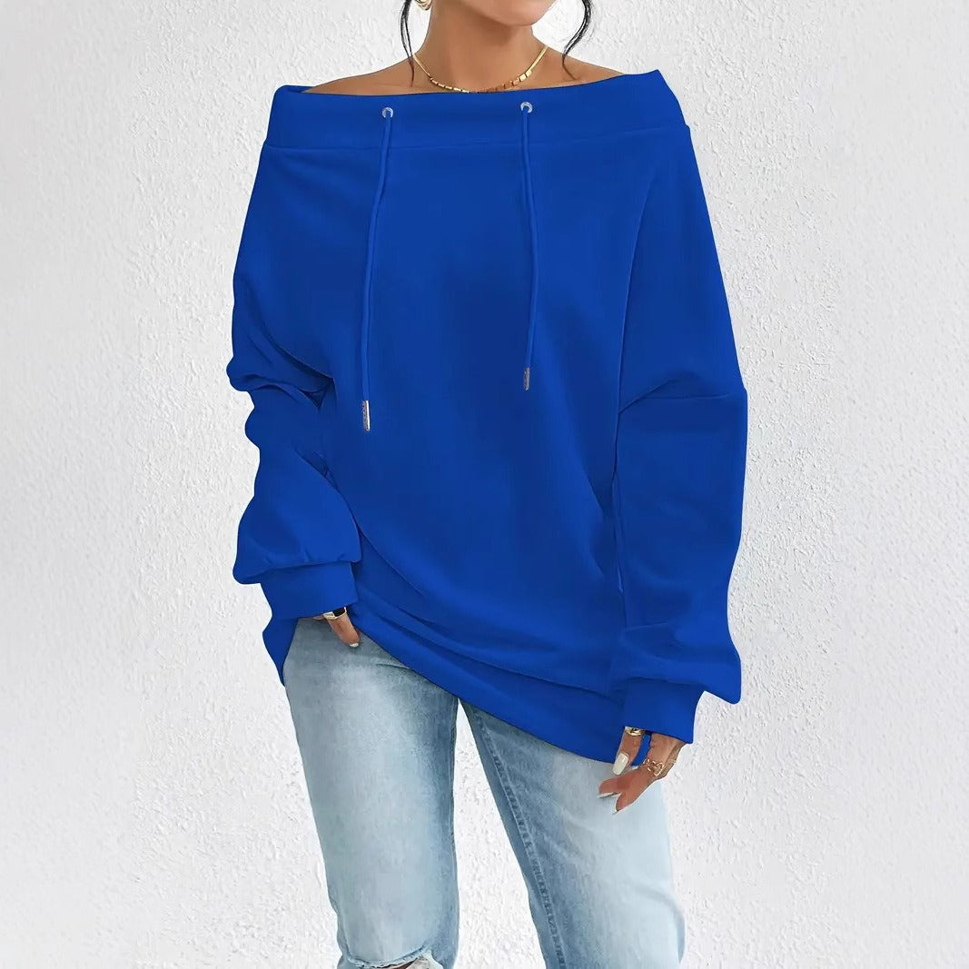 Women's Off-Shoulder Drawstring Loose Fit Hoodie, Sexy One-Shoulder Sweatshirt