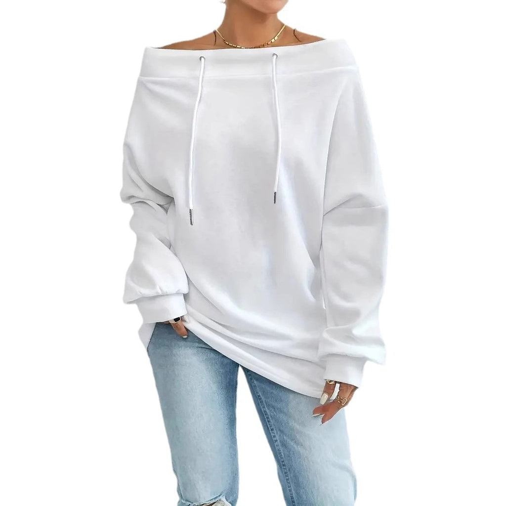 Women's Off-Shoulder Drawstring Loose Fit Hoodie, Sexy One-Shoulder Sweatshirt