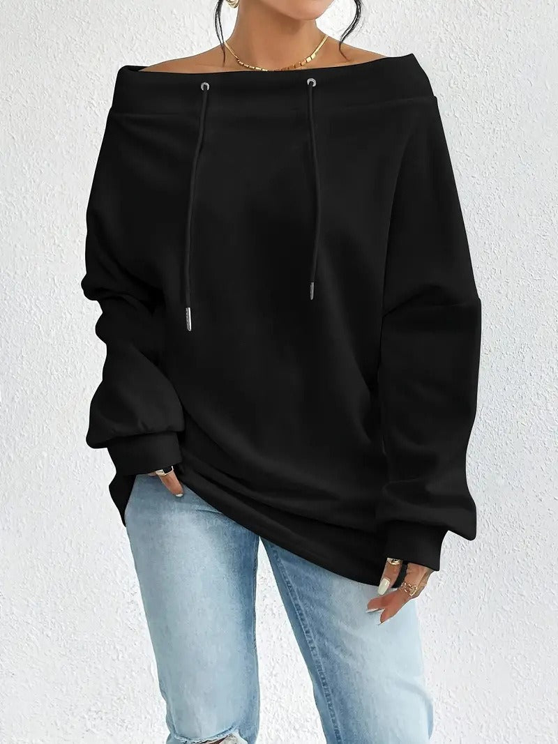 Women's Off-Shoulder Drawstring Loose Fit Hoodie, Sexy One-Shoulder Sweatshirt